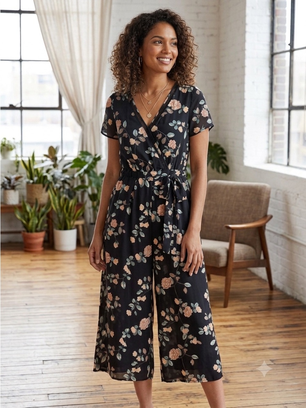 Sienna Sky Navy Floral Jumper Romper with Wide Capri Length Pants